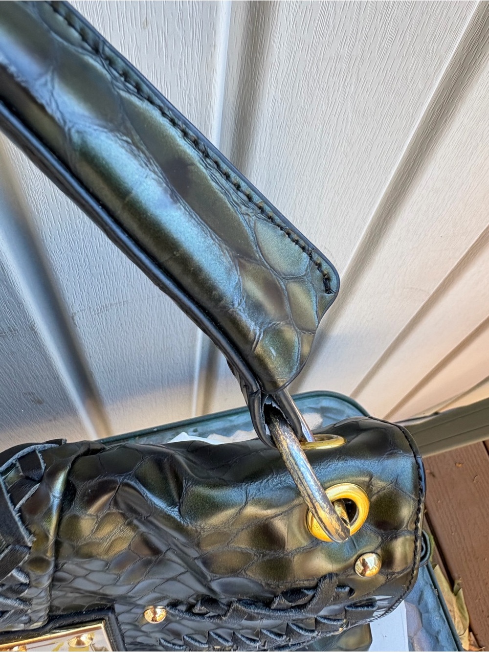 Sharif Black Embossed Snake-Texture Shoulder Bag with Gold Plaque - Picture 11 of 11